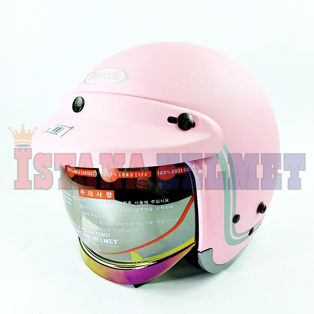 Jual HELM INJAK RETRO VISOR 06 ROUND PINK DOFF-SILVER ORIGINAL | Shopee ...
