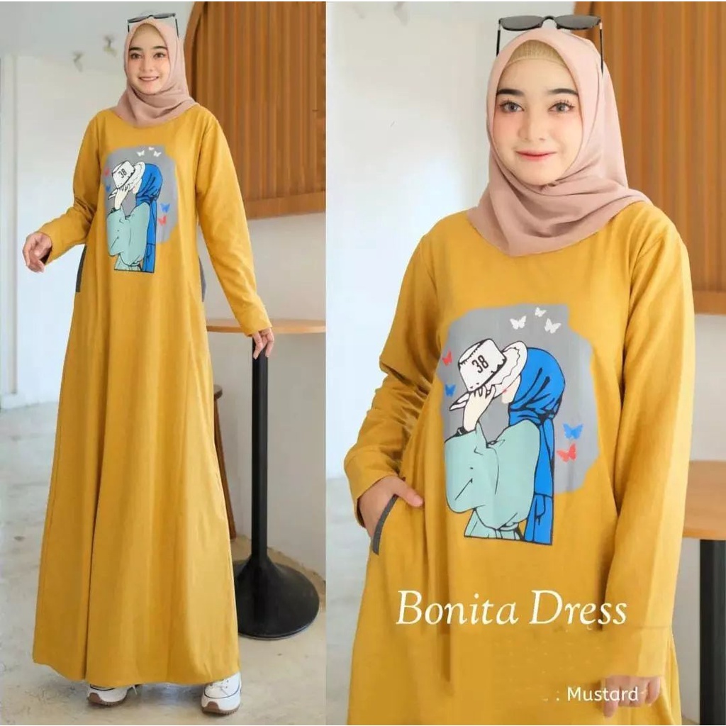 Jual Baju Gamis Wanita Terbaru Bonita Midi Dress Bp Gamis Kaos Katun