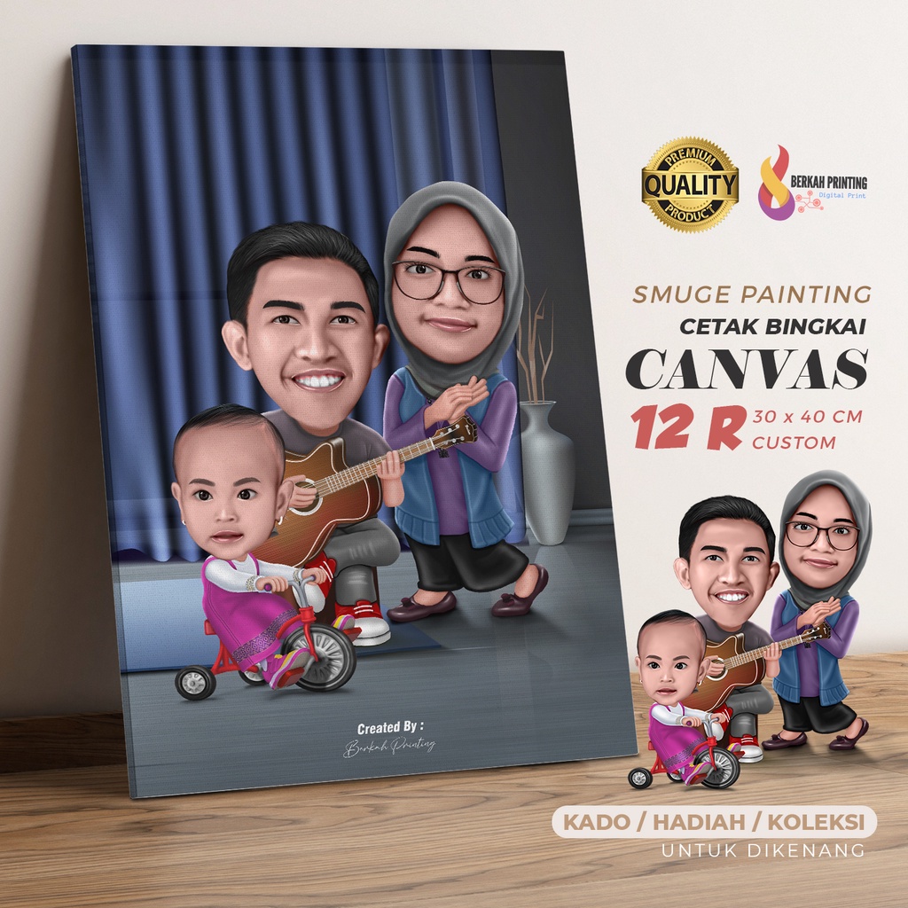 Jual Karikatur Keluarga CUSTOM Wajah Cetak dan Bingkai Canvas A3 12R