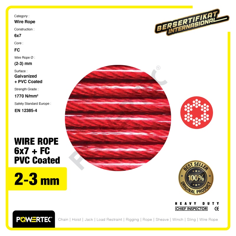 Jual POWERTEC Wire Rope / Kawat Seling Baja 6x7 FC PVC 2-3mm Merah ...