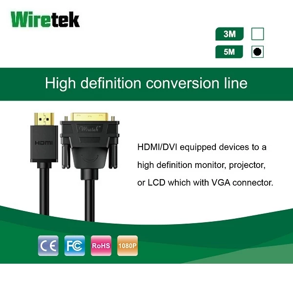 Kabel HDMI to DVI-D 24+1 Dual Link 5 meter WIRETEK