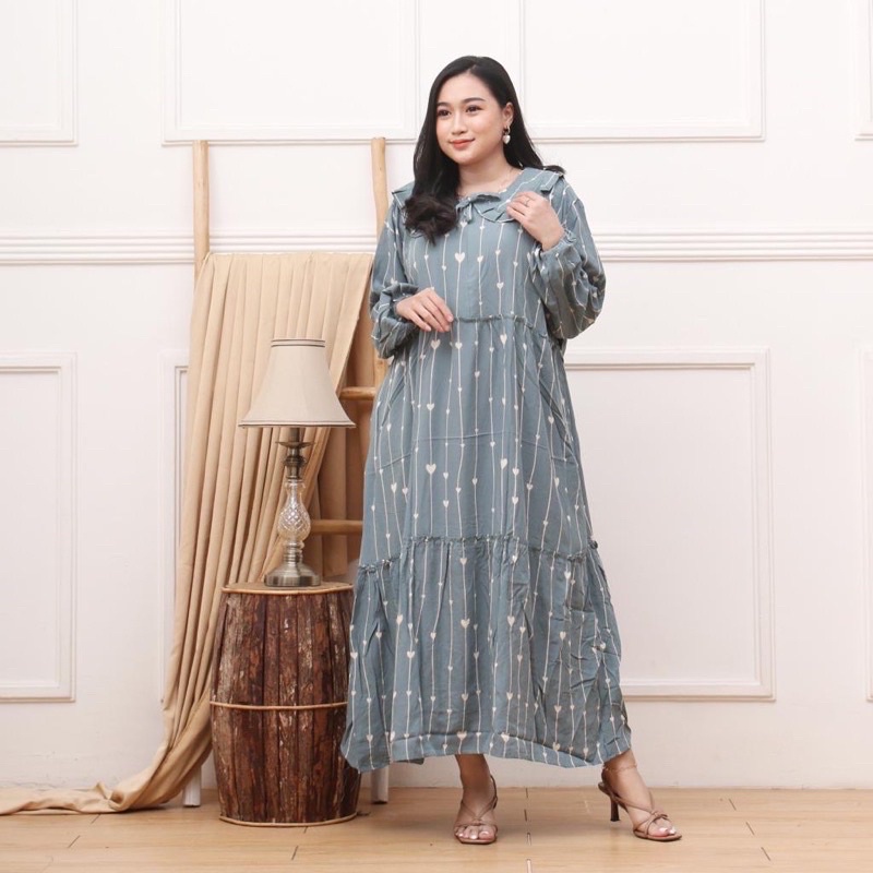 Jual MIDI DRESS KEKINIAN MOTIF LOVE JUMBO LENGAN PANJANG RAYON PREMIUM