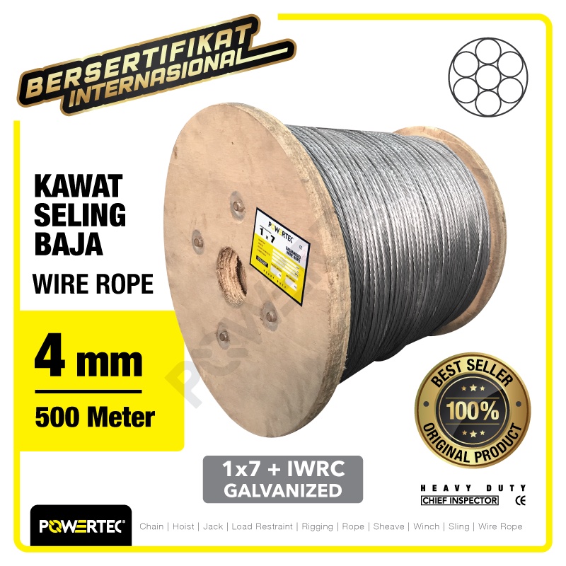 Jual POWERTEC Wire Rope / Kawat Seling Baja 1x7 4mm Galv - 500m ...