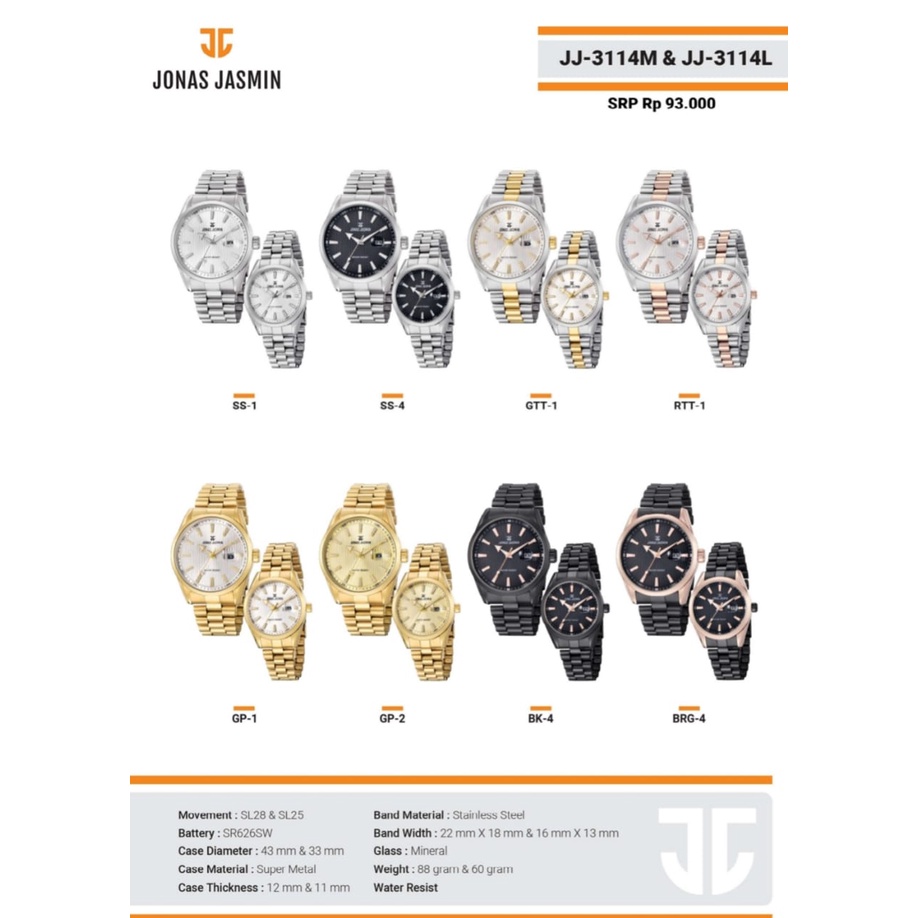 Jual Jam Tangan Couple Jonas Jasmin 3114 Analog Pria Wanita Rantai