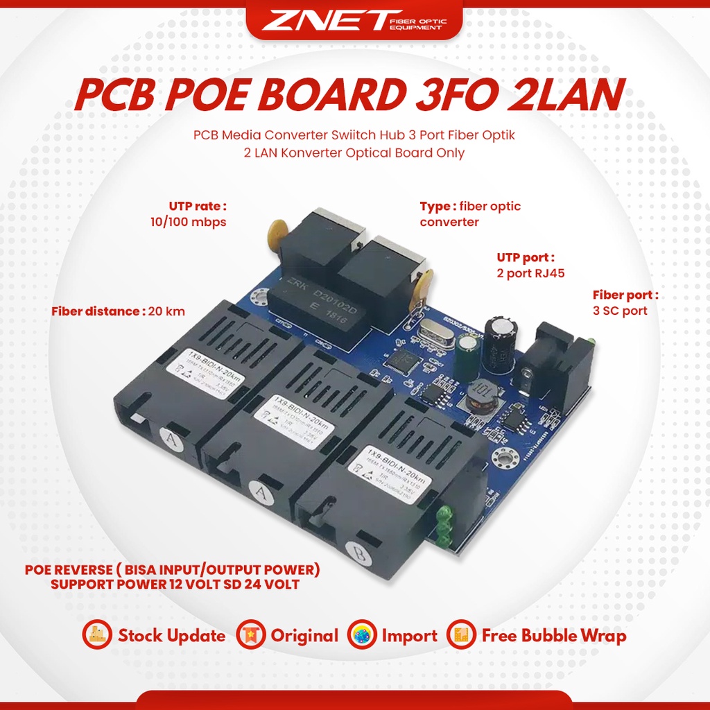 Jual PCB POE REVERSE 3FO 2 LAN Media Converter Switch Hub 3 Port Fiber ...