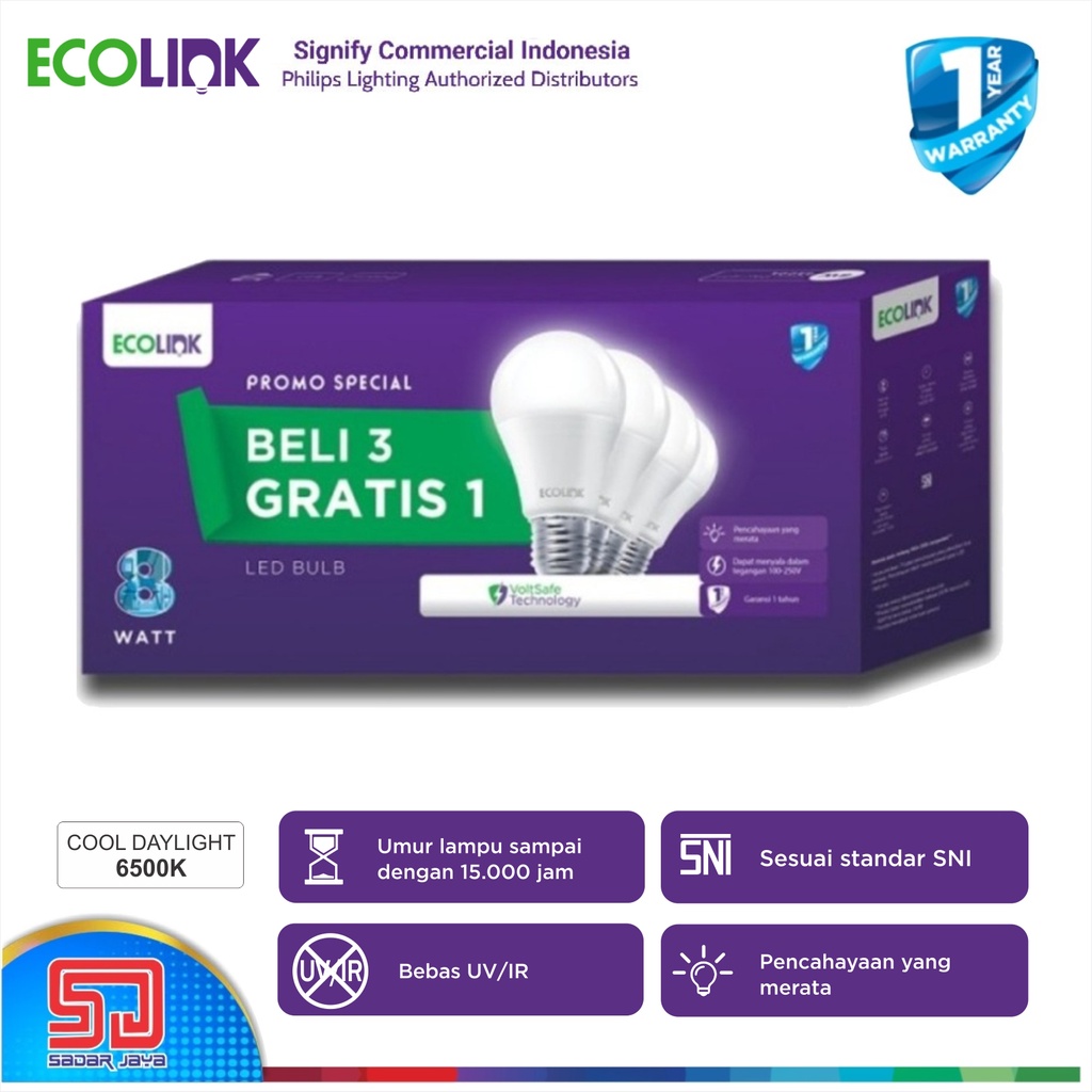 Jual Paket Beli 3 Gratis 1 Ecolink Lampu 8w Led 8watt Bulb Bohlam 8 Watt 6500k Cool Daylight 