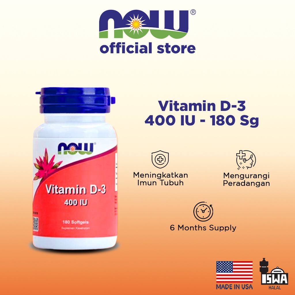 Jual NOW Supplements, Vitamin D3 400 IU, 180 Softgels Shopee Indonesia