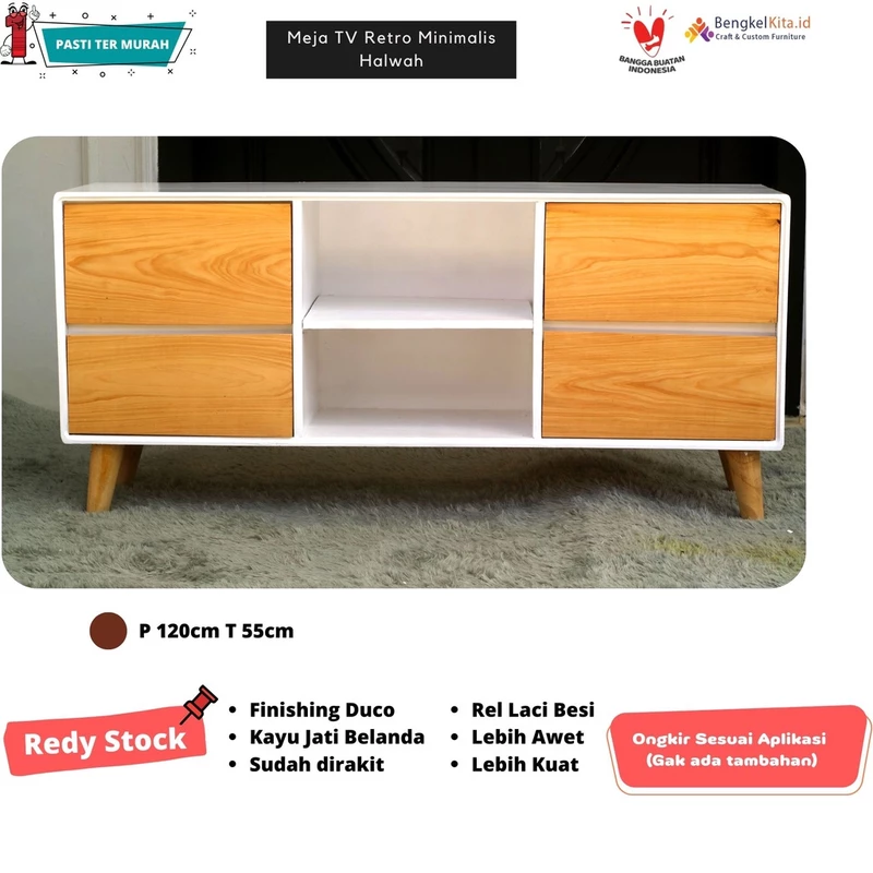 Meja TV Minimalis Halwag | Meja TV Retro | Meja Kayu Jati Belanda Oven | Meja Rak TV Minimalis | Kayu Solid Duco Premium Quality