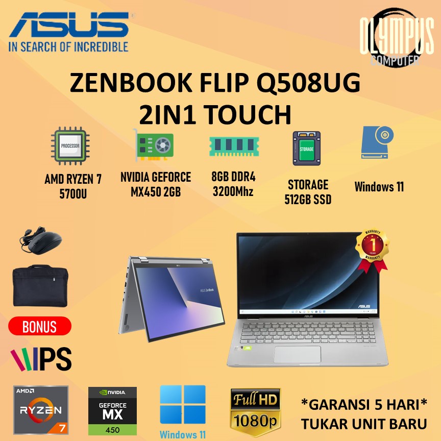 Jual Laptop Asus Zenbook Flip Q508ug Mx450 2in1 Touch Ryzen 7 5700 8gb