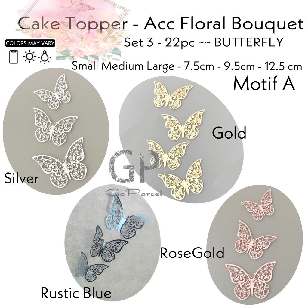 Jual Topper Cake Butterfly Tempelan Kupu Kupu Emas Gold Silver Perak Rustic Blue Biru 3d 4839
