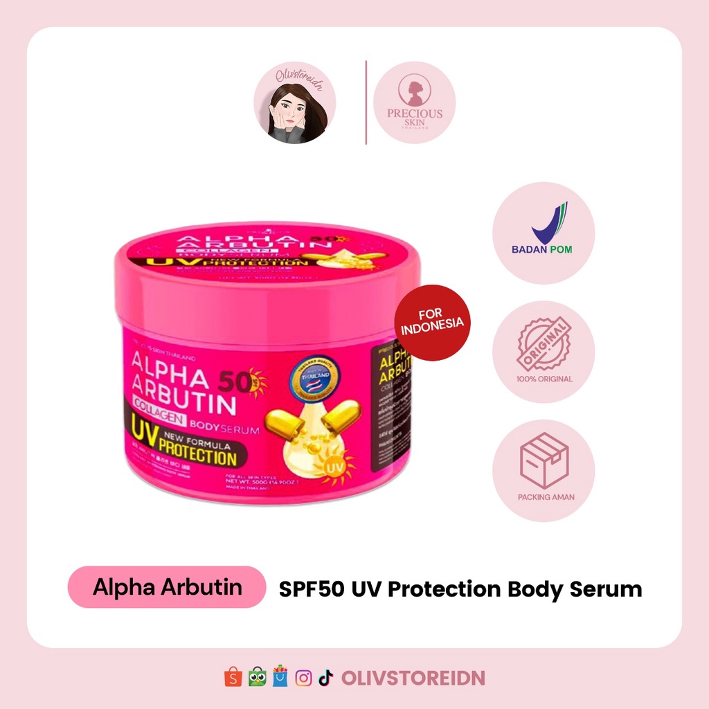 Jual Precious Thailand Alpha Arbutin Collagen UV Body Serum Protection SPF50 500gr Melembutkan