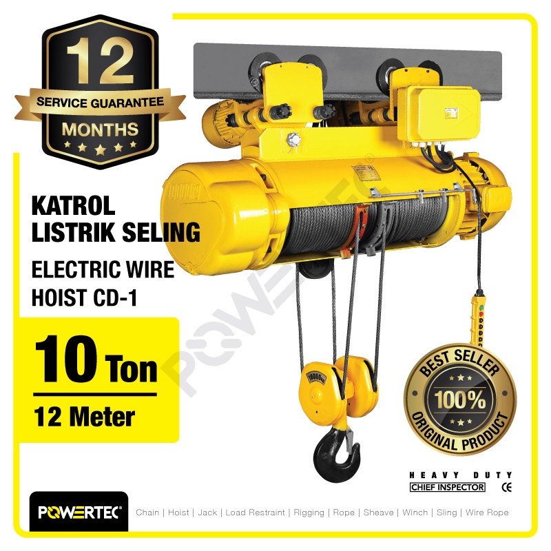 Jual POWERTEC Electric Wire Rope Hoist 10 Ton x 12 Meter 3 Phase CD-1 ...