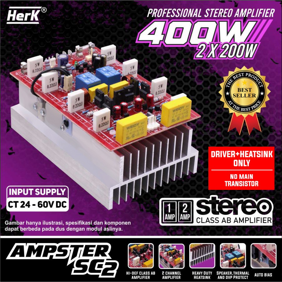 Jual KIT AMPLIFIER STEREO AMPSTER SC2 NON TR 2X200W 400WATT HERK ...