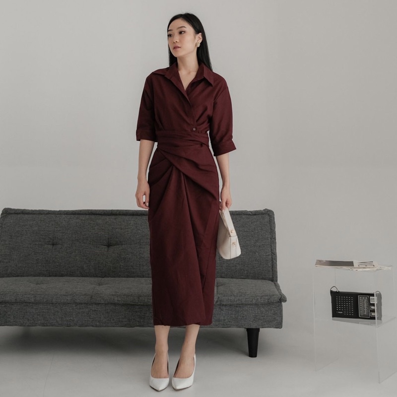 Jual Seya Cora Wrap Dress Dress Kemeja Dengan Rok Midi Lilit Shopee Indonesia