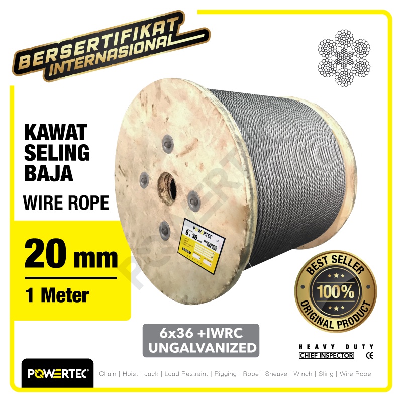 Jual POWERTEC Wire Rope / Kawat Seling Baja 6x36 IWRC 20mm Ungalv - 1 ...