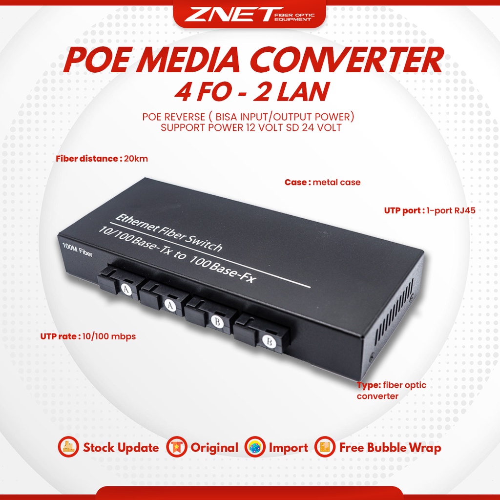Jual POE 4FO 2LAN Media Converter Switch Hub Fiber Optik Konverter 4