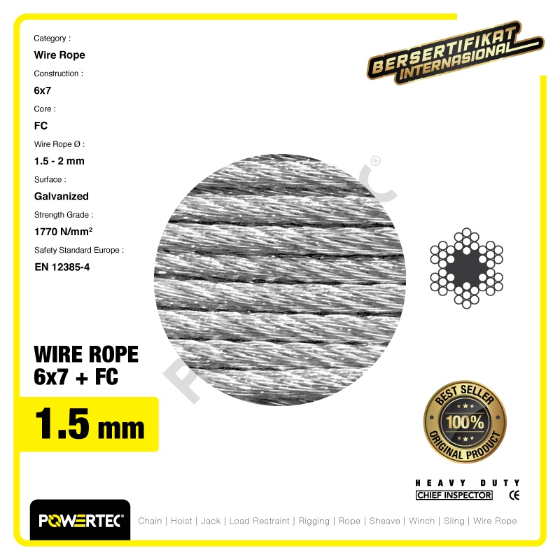 Jual POWERTEC Wire Rope / Kawat Seling Baja 6x7 FC 1.5mm Galv - 1000m ...