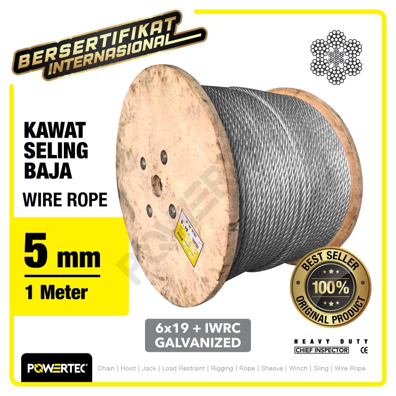Jual POWERTEC Wire Rope / Kawat Seling Baja 6x19 IWRC 5mm Galv - 1 ...