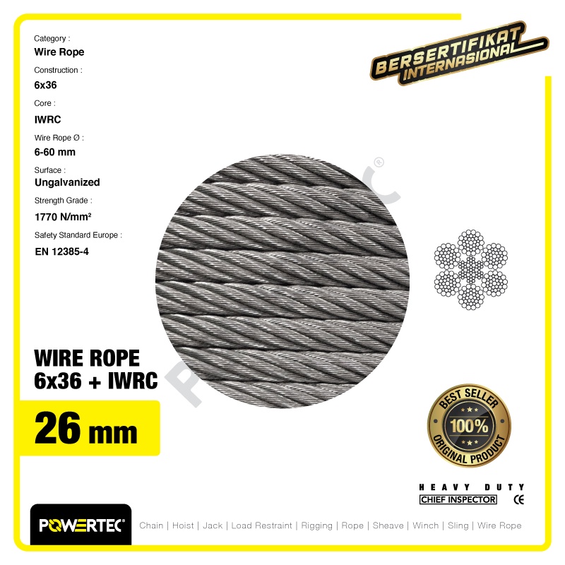 Jual POWERTEC Wire Rope / Kawat Seling Baja 6x36 IWRC 26mm Ungalv - 1 ...