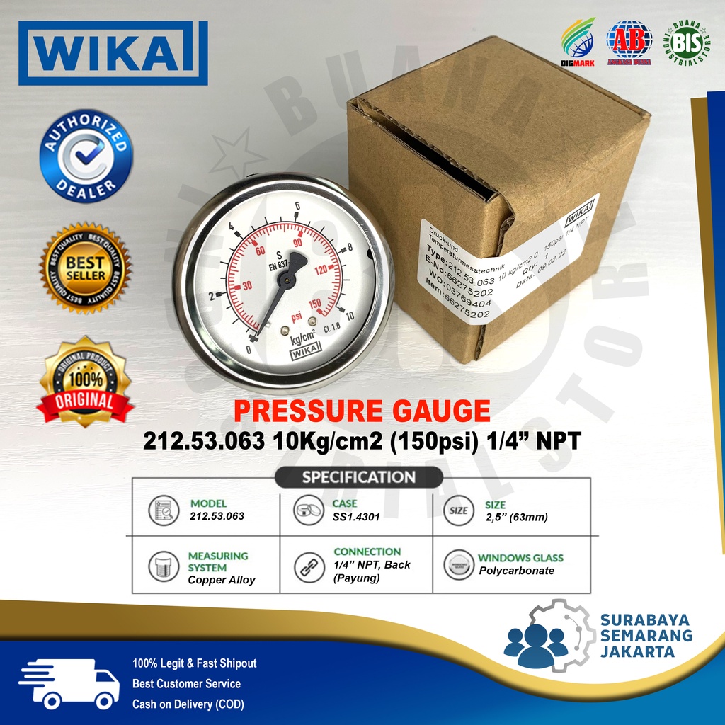 Jual WIKA PRESSURE GAUGE 212.53 10 KG/CM2 1/4" NPT-BACK (PAYUNG ...