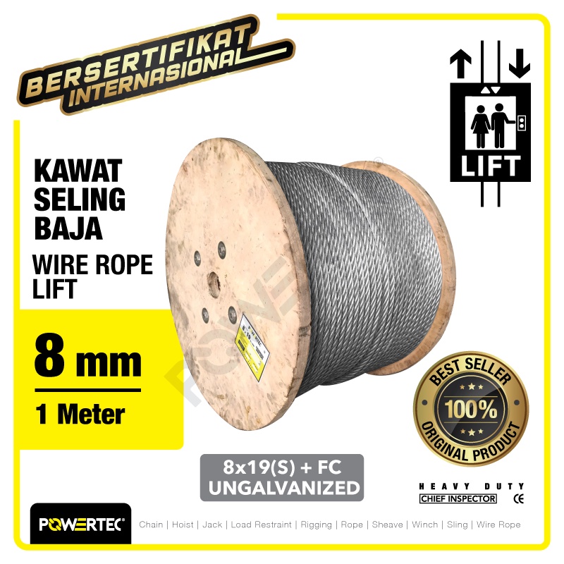 Jual POWERTEC Wire Rope / Kawat Seling LIFT 8x19(S) FC 8mm Ungalv - 1 ...