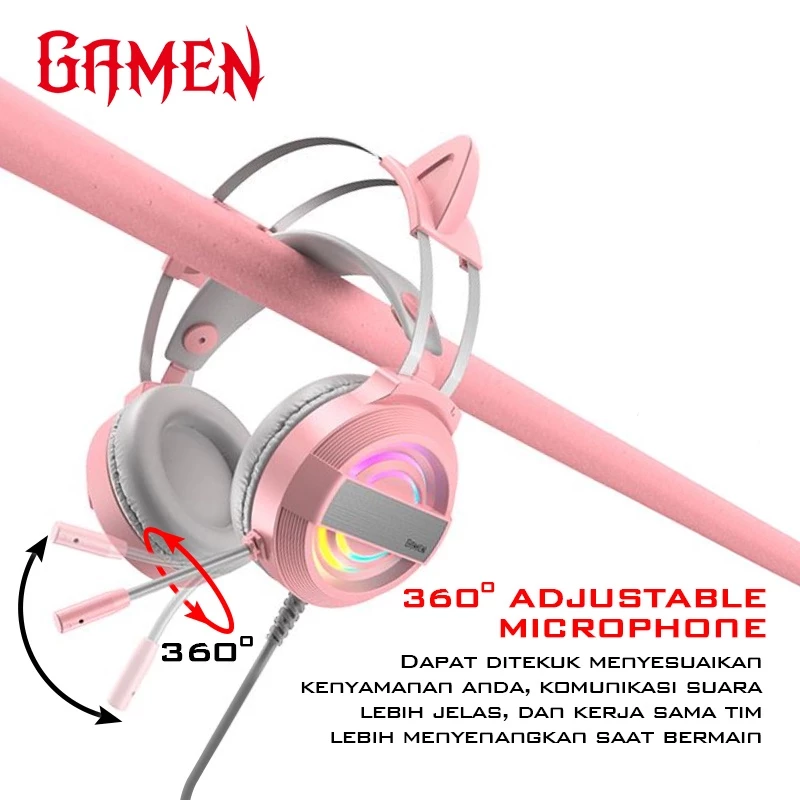 GAMEN Headphone Gaming Cat Ear GH1100 Pink LED RGB Lighting Original Bass - Garansi 1 Tahun
