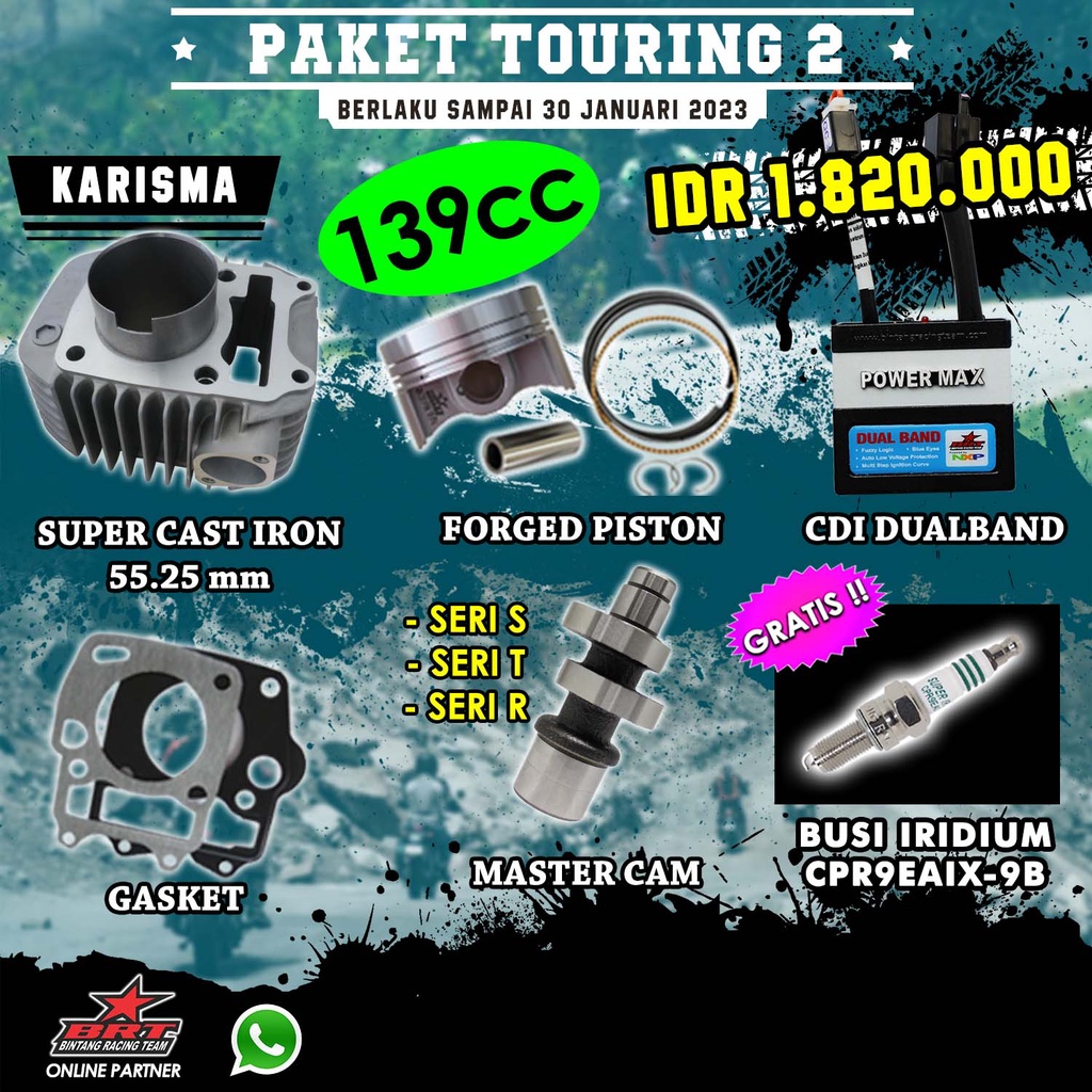 Jual PAKET TOURING 2 KARISMA BORE UP 139 CC BRT BLOK PISTON + CDI POWERMAX + MASTRCAM + BUSI