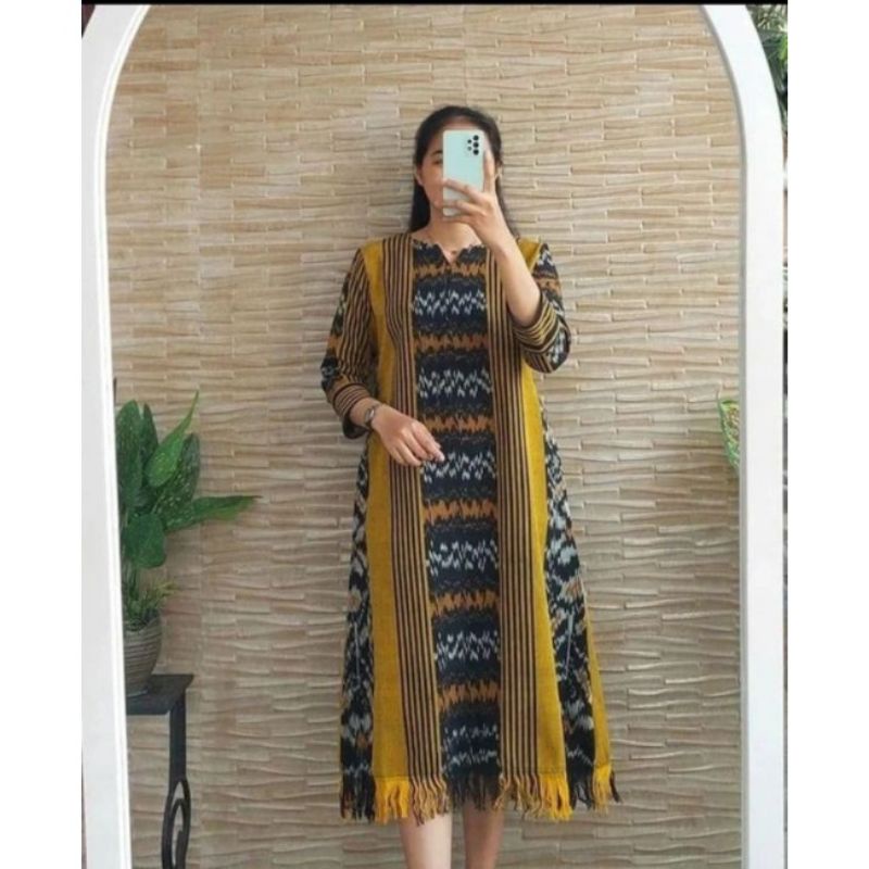 Jual dress Rumbai tenun ethnik baju tunik dress wanita kekinian full ...