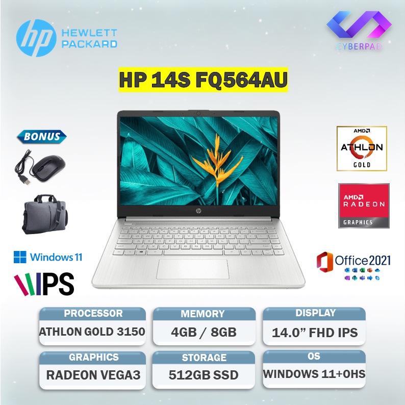 Jual Laptop Hp 14s Fq0564au Athlon Gold 3150 Ram 8gb 512gb Ssd Vega3 Windows 11 Office Original 4700