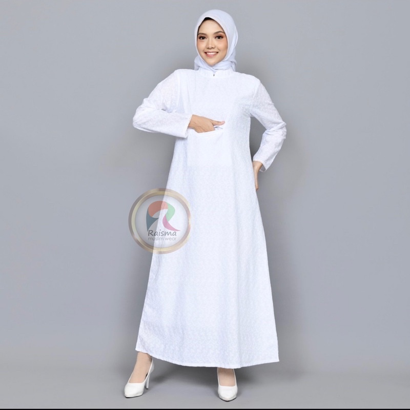 Jual Raisma Gamis Putih Untuk Umroh Haji Model Kantong Dada Busana