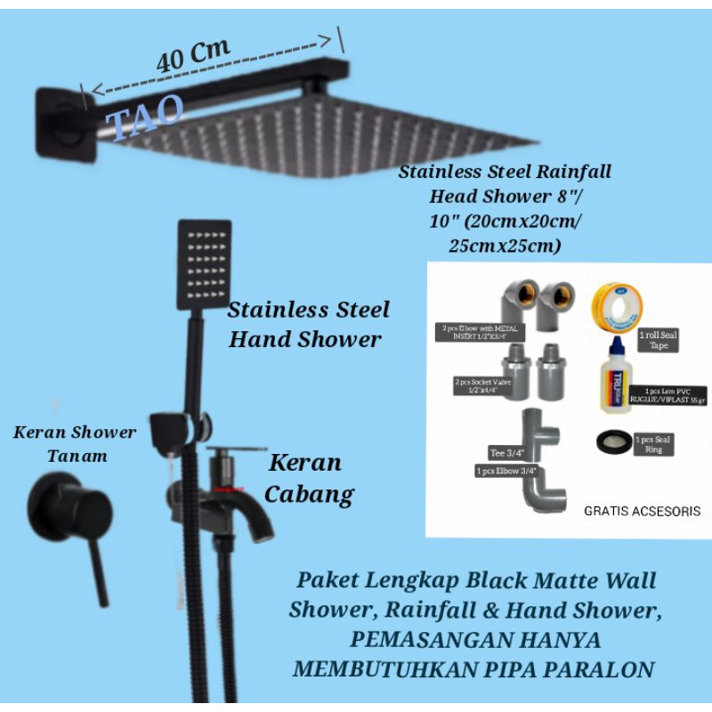 Jual Paket Lengkap Shower Dinding Black Matte Cold Only Rainfall And Hand Shower Shopee