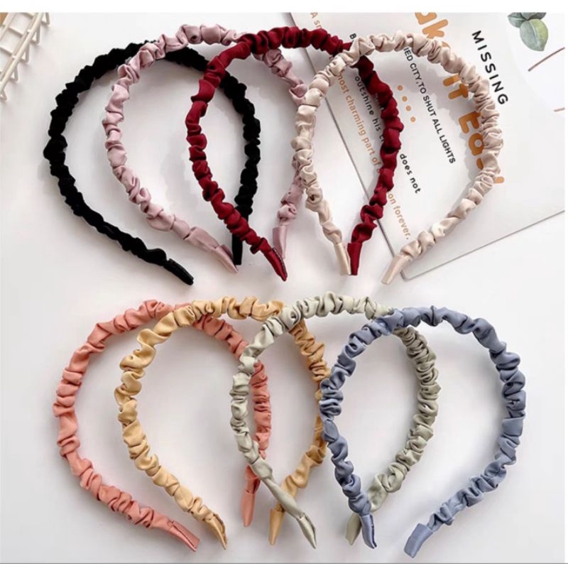 Jual Cod Bando Kerut Scrunchie Import Ala Korea Bandana Polos Satin Headband Simple Lucu 