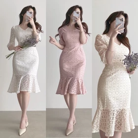 Ada Size Jumbo D0882 Monela Mermaid Brocade Korean Style Vintage Midi Dress Pesta Bodycon