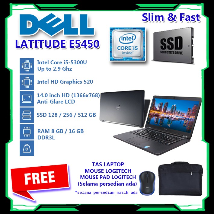 Dell E5450 laptop dengan prosesor Intel Core i5, RAM 16GB dan SSD 512GB tampak depan