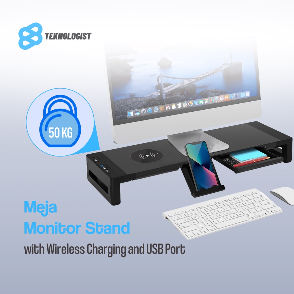 Jual Meja Laptop Desk Monitor Stand with Wireless Charging and USB Port