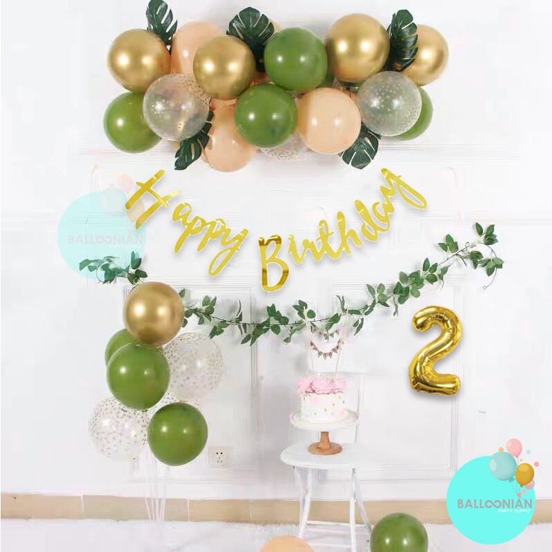 Jual RETRO SAGE GREEN AND GOLD BIRTHDAY DECORATION SET/DEKORASI ULTAH