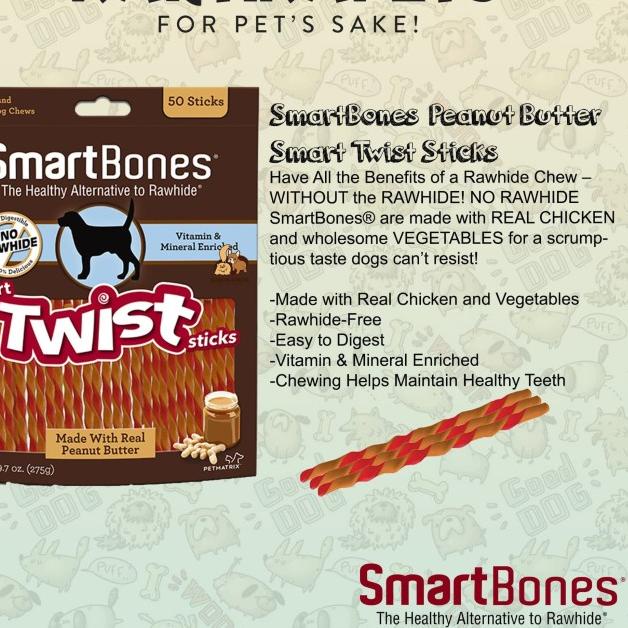Jual Smartbones twist peanut butter 50 sticks. snack dental anjing