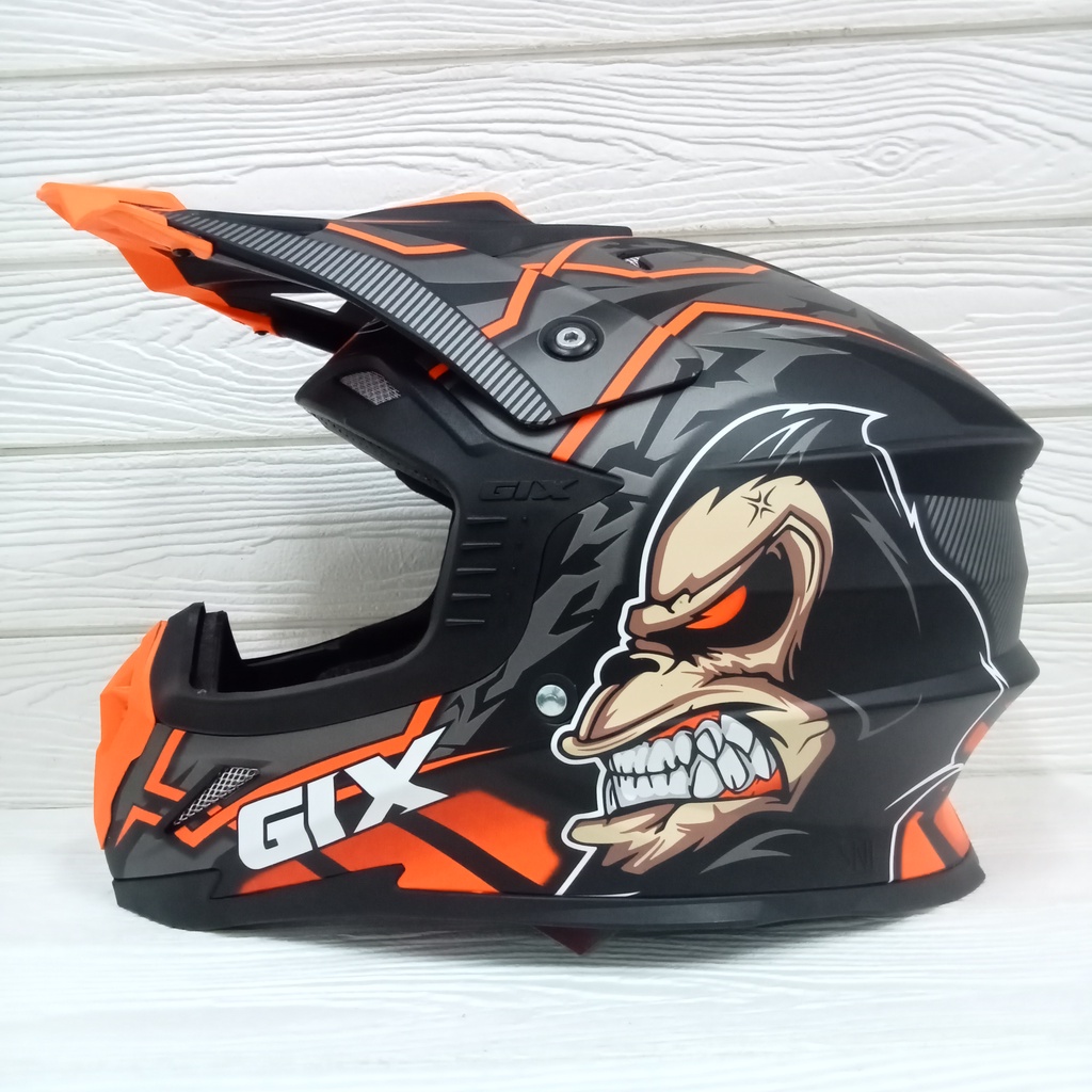Jual HELM CROSS GIX CROSS MOTIF GORILLA BLACK ORANGE DOFF CROSS
