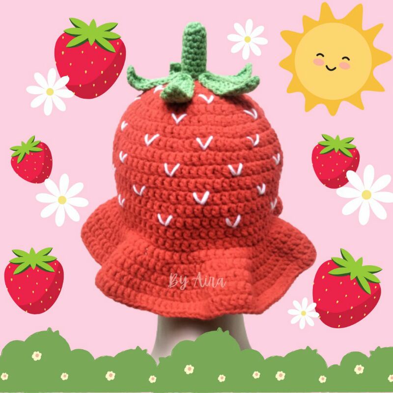 Jual Strawberry Crochet Bucket Hat / Topi Rajut Stroberi / Topi Crochet ...