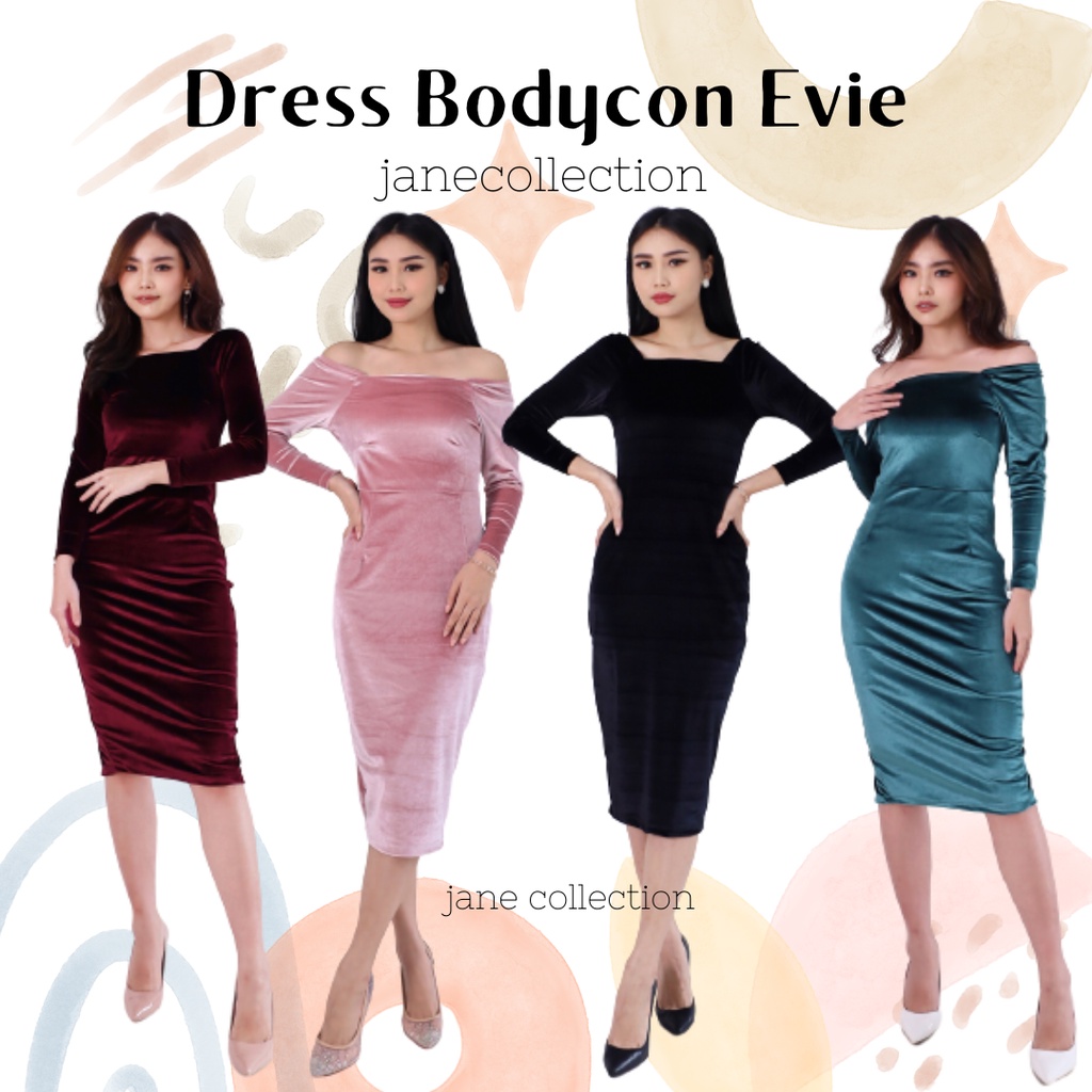 Jual Jane Collection Midi Dress Pesta Hitam Bodycon Rok Pencil Bahan Velvet Bludru Lengan