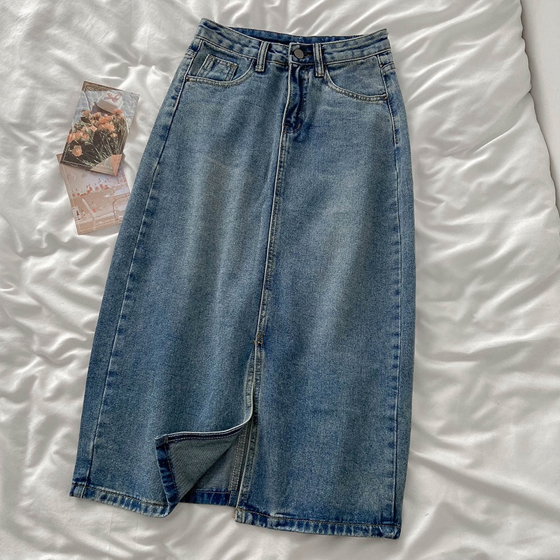 Jual Korean High Waist Rok Jeans A-Line Depan Split Jeans Kekinian ...