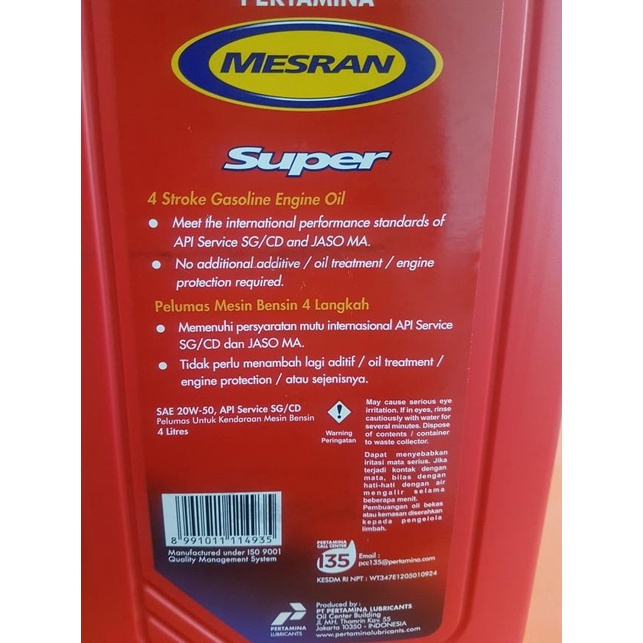 Jual OLI PERTAMINA MESRAN SUPER SAE 20W-50 KEMASAN 4 LITER | Shopee ...