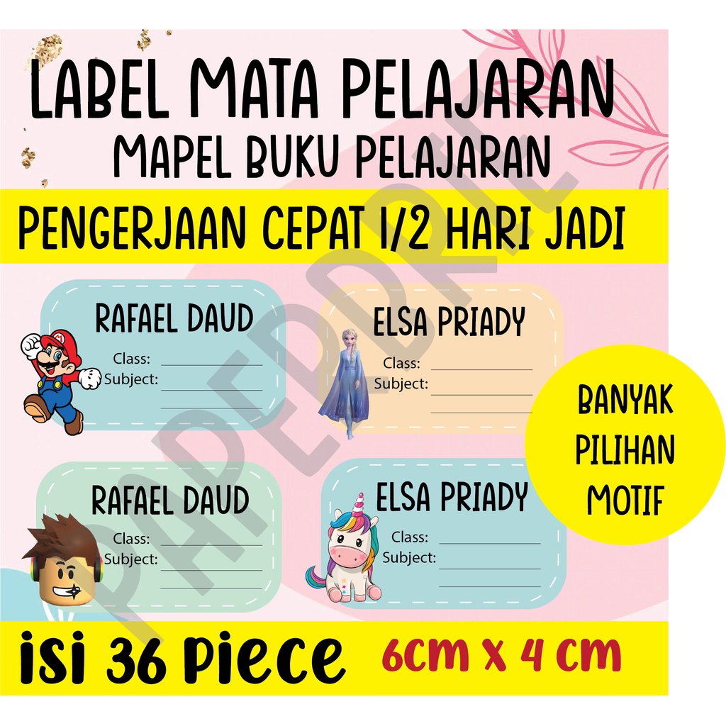 Jual Bisa Pilih Motif Sticker Nama Buku Sekolah Custom Sticker Mata