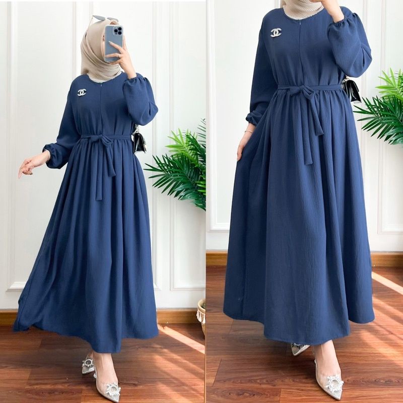 Jual S M L Xl Xxl Bavina Midi Dress Putih Polos Perempuan Terbaru Gamis Remaja Crincle Airflow