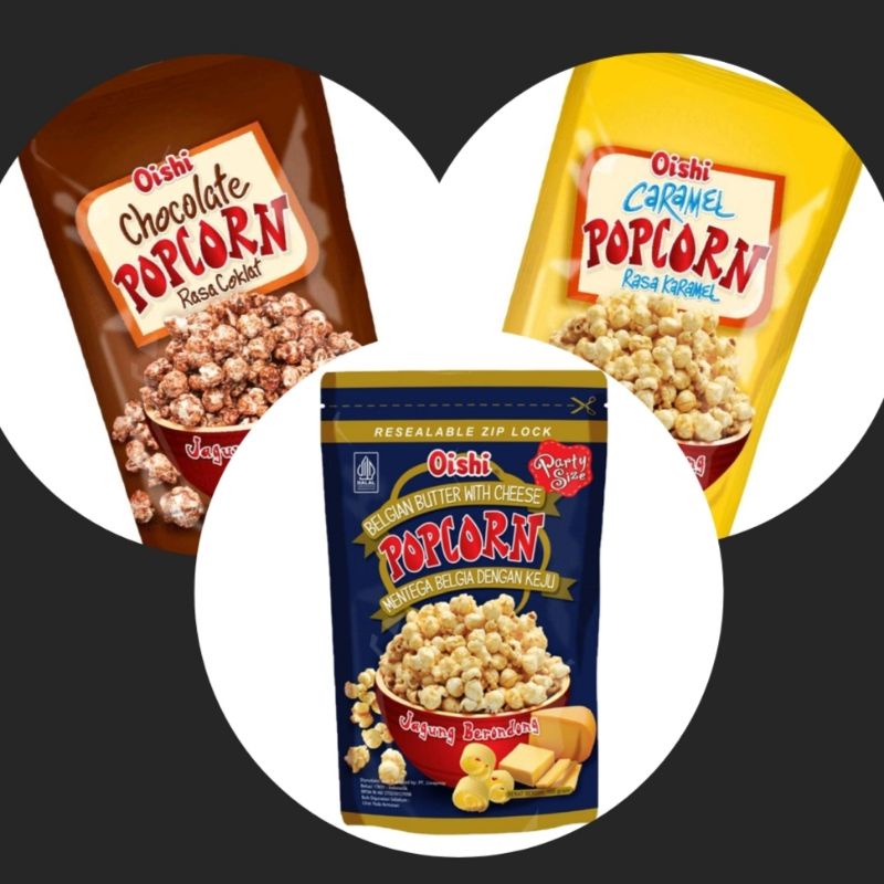 Jual BARU Popcorn Belgian butter cheese, Karamel dan Coklat Oishi 100g