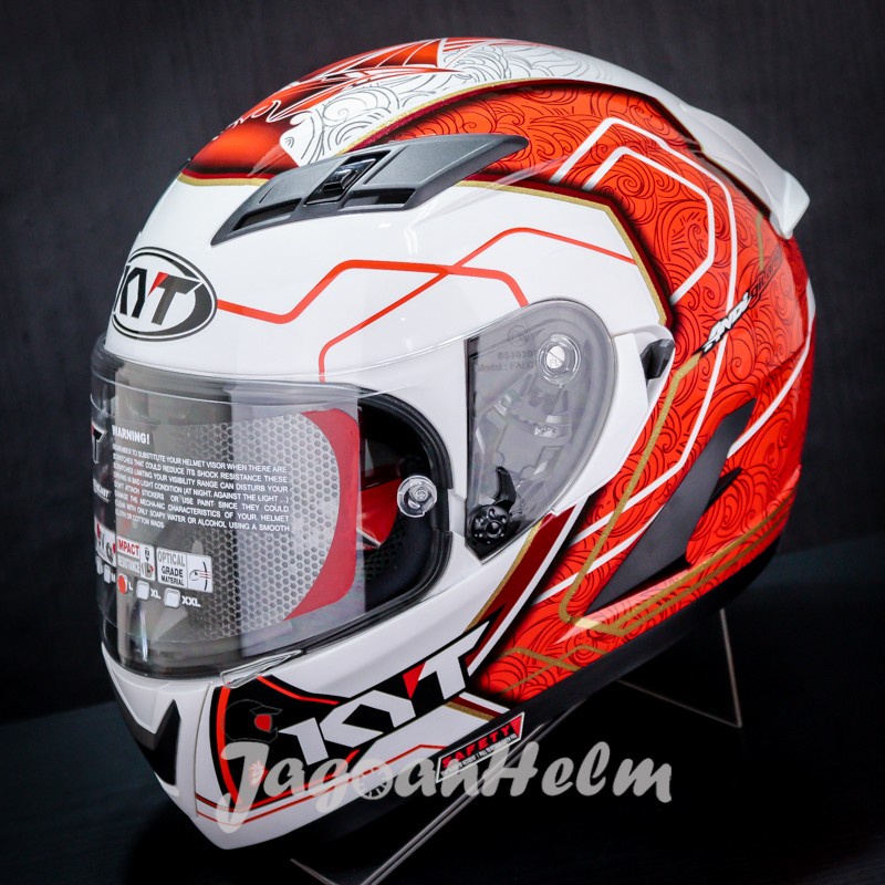 Jual HELM KYT FALCON FR ANDIGILANG WHITE RED FLAT VISOR FULL FACE / helm pria keren murah