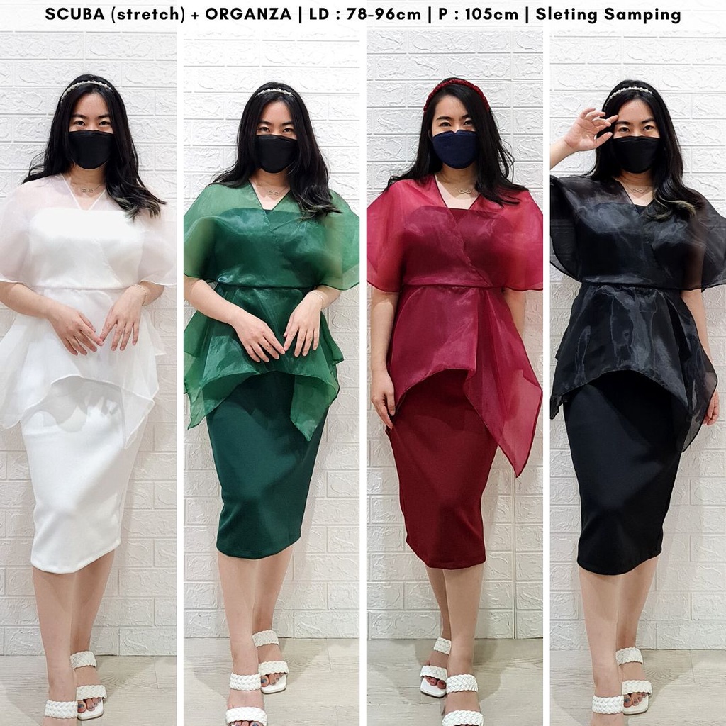 Jual 4381 grazelle organza scuba dress natal midi dress pesta premium dress shoulder sabrina