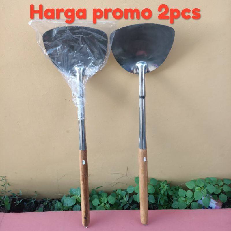 Jual PROMO 2PCS SPATULA BESAR GAGANG KAYU / KODEK BESI GAGANG KAYU