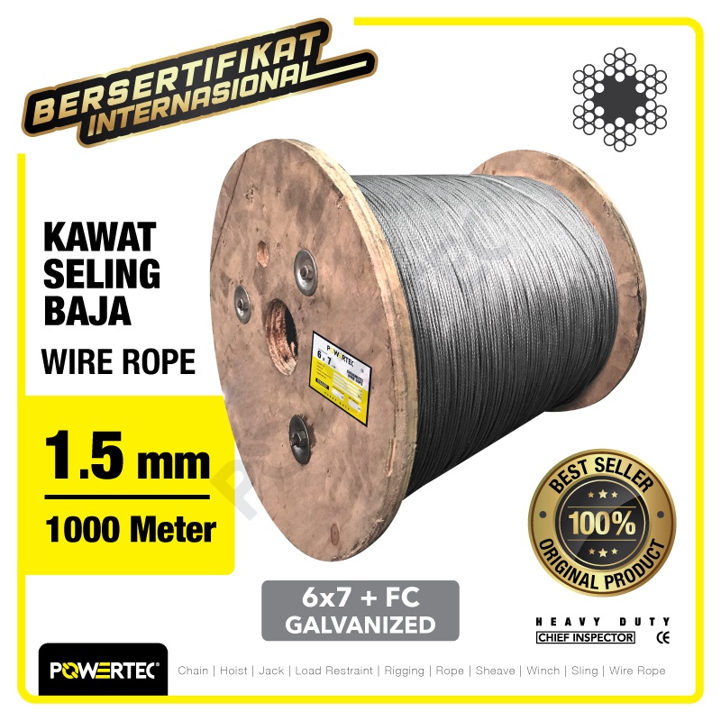 Jual POWERTEC Wire Rope / Kawat Seling Baja 6x7 FC 1.5mm Galv - 1000m ...