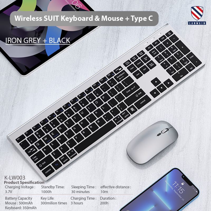 Jual Lanwain Wireless Silent Keyboard + Mouse Set 110 keys BT 5.0 + 3.0 ...